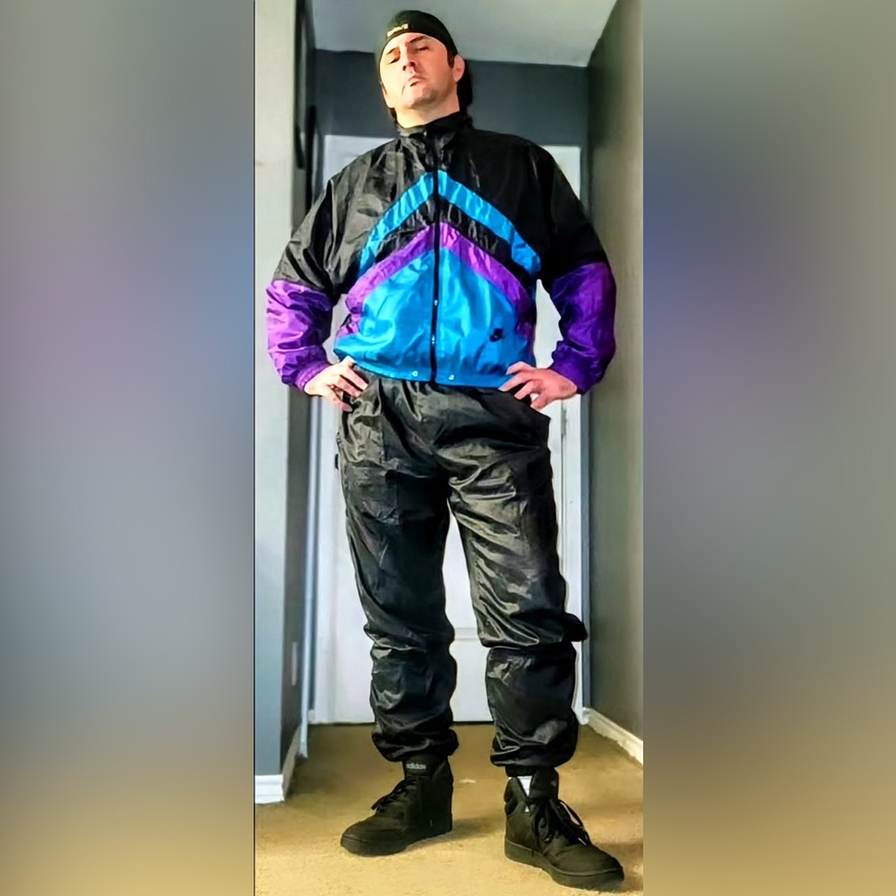NIKE Vintage Black and Blue SATIN Tracksuit with Purple Accents